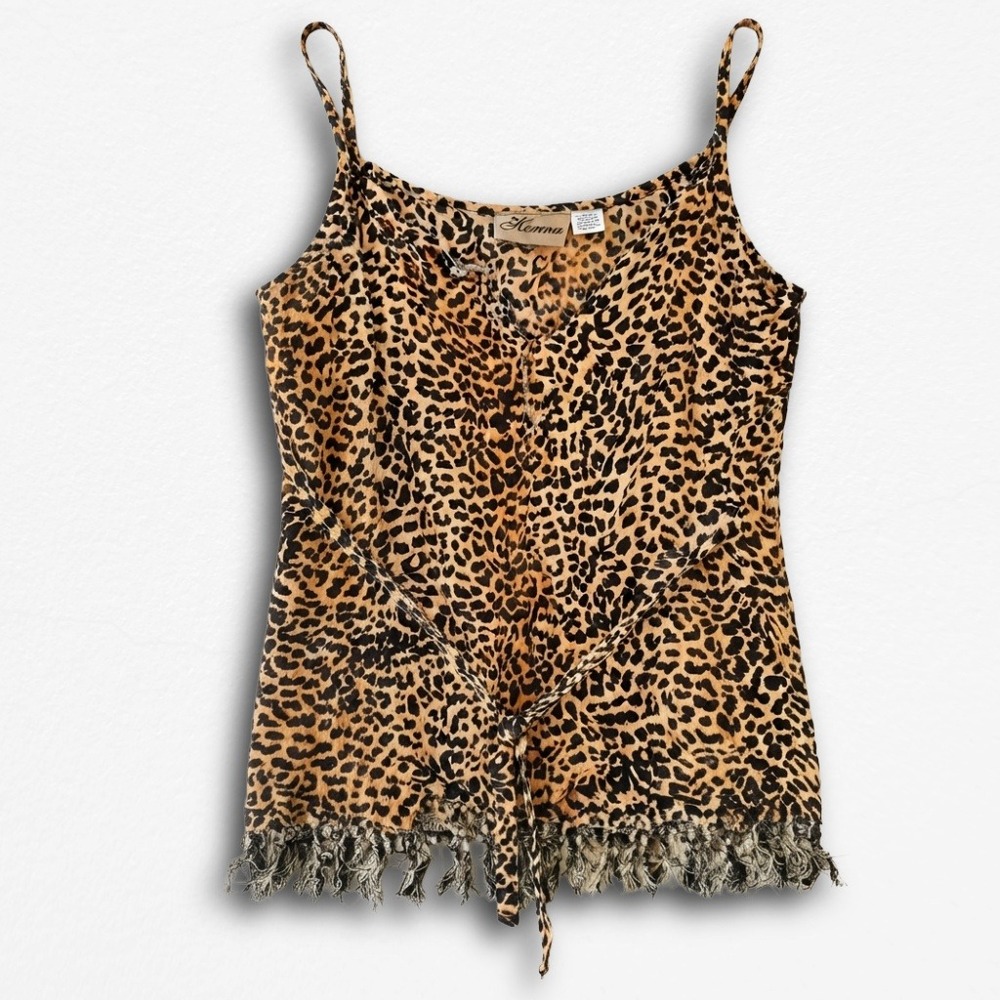 Henna Leopard Print Camisole Top Frayed Fringe Hem Rayon One Size Animal Print